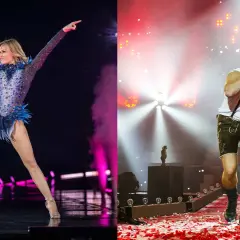 Helene Fischer und ein Mann in Lederhosen auf Bühne. Deutsche Lieder, die jeder kennt, werden hier gefeiert.