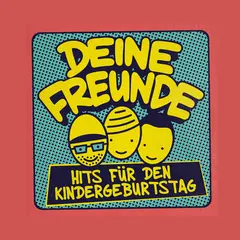 Bunte Illustration mit drei gelben Gesichtern und dem Text "DEINE FREUNDE HITS FÜR DEN KINDERGEBURTSTAG". Perfekt für Geburtstagslieder Kinder!