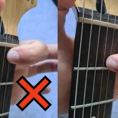 Vergleich: Fingerposition beim Gitarrenhals abschleifen. Links falsch, rechts richtig.