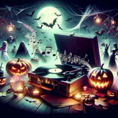 Gruselige Halloween-Musik erklingt aus einem alten Plattenspieler, umgeben von Kürbissen, Geistern und tanzenden Gestalten unter dem Vollmond.
