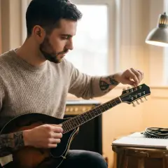 Mann stimmt Mandoline, Noten und Kabel liegen bereit.