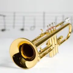 Glänzende Trompete auf Noten. Was ist eine Trompete? Ein Blasinstrument, das Musik macht.