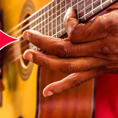 Nahaufnahme der Hände eines Fingerstyle-Gitarristen, der die Saiten einer Akustikgitarre spielt. Ein roter Pfeil zeigt auf die Finger.