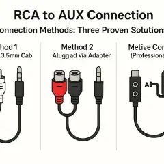 Drei Methoden zur Verbindung von RCA mit AUX: Kabel, Adapter und ein Konverter für den aux out anschluss.