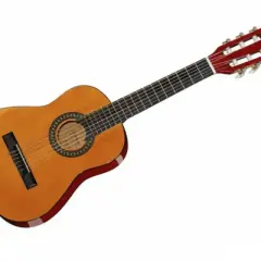 Eine klassische Gitarre mit hellem Holzkorpus und rotem Kopf. Die Gitarre 1/8 ist bereit für erste Melodien.