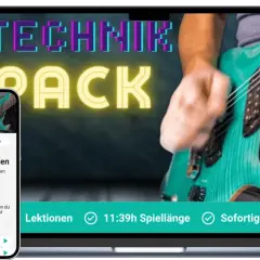 Ein Mann spielt Gitarre, während auf einem Laptop und Handy "Technik Pack" leuchtet. Lerne exotische Skalen und übe mit Jamtracks. Hammer on!