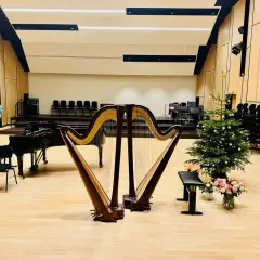 Ein festlich geschmückter Weihnachtsbaum steht neben einer Harfe, die für den Aufbau bereitsteht. Ein Flügel und Stühle sind ebenfalls zu sehen.