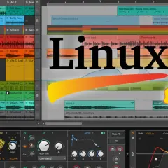 Linux-DAW-Software mit Tux, dem Pinguin, auf einer bunten Musikproduktions-Oberfläche.