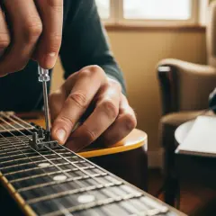 Hände stellen mit Schraubenzieher die Oktavreinheit an einer Gitarre ein. Ein Notizbuch und Kopfhörer liegen daneben.