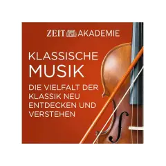 Ein Violoncello und Bogen vor einem roten Hintergrund mit dem Text "Klassische Musik".