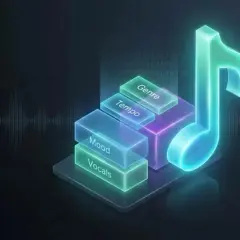 Leuchtende Musiknote und Ebenen mit "Vocals", "Mood", "Tempo", "Genre" – die besten instrumental hits finden.