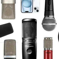 Verschiedene Mikrofone für Gesang und Aufnahme, darunter ein Shure SM7B und ein Audio-Technica.