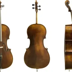 Drei Ansichten eines wunderschönen, braunen Violoncello-Instruments.