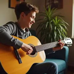 Ein Junge sitzt auf einem Sofa und zupft fröhlich auf seiner Gitarre.