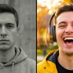 Ein Mann, erst traurig, dann voller Freude, als er lustige Lieder über Kopfhörer hört.