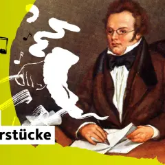 Ein Mann mit Brille und Schleife, umgeben von Noten und weißer Farbe, die an gruselige Musik erinnert. WDR 3 Meisterstücke.