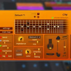 Mike's Jumbo Guitar: ein free guitar vst mit vielen Einstellungsmöglichkeiten für Gitarrenklänge, wie Bend, Vibrato und Palm Mute.