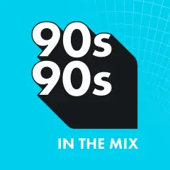 Logo mit "90s 90s IN THE MIX" in Weiß auf schwarzem Hintergrund, vor einem hellblauen Gittermuster.