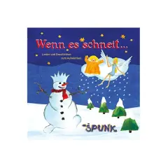 Ein Schneemann mit Krone und Schal, zwei Engel und Bäume im Schnee. Das Cover des Buches "Wenn es schneit..." mit vielen Winter Liedern.