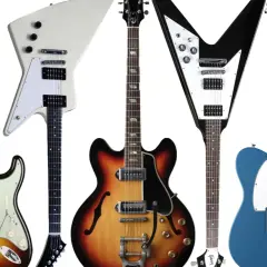 Vielfalt an E-Gitarrentypen: von klassisch bis extravagant, wie Les Paul, Stratocaster, Explorer, Flying V, SG und Telecaster.