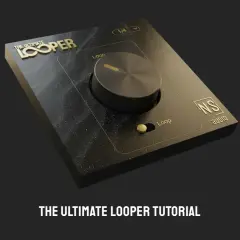 Schwarzes Gerät mit goldener Schrift "The Ultimate Looper" und einem großen Drehknopf. Ideal für Musikproduzenten, die einen music looper suchen.
