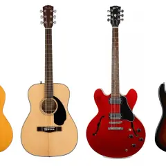 Vier Gitarren: Klassik-, Akustik-, rote E-Gitarre und Fender Stratocaster.