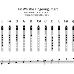 Grifftabelle für Tin Whistle mit Noten und Griffen für verschiedene Töne.