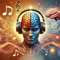 Kopfhörer auf einem Gehirn, umgeben von Noten und Wellen. Musik ist wichtig, weil sie das Gehirn stimuliert und Emotionen weckt.