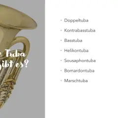 Eine glänzende Tuba steht im Vordergrund, daneben eine Liste verschiedener Tuba-Arten wie Kontrabasstuba und Marschtuba.