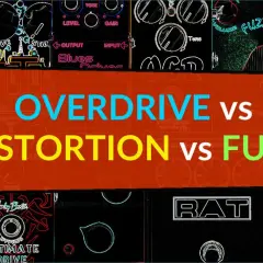 Gitarreneffekte: Overdrive, Distortion und Fuzz. Viele Pedale wie der Big Muff und der RAT sind zu sehen.