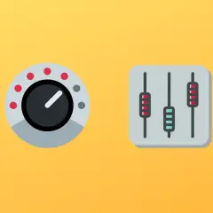 Regler für Gain und Lautstärke. Ein Drehregler und zwei Schieberegler zeigen die Einstellung von Gain vs. Volume.