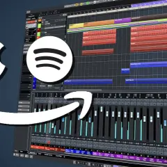 Apple, Spotify, Amazon Logos über einer Musikproduktionssoftware. Mastering Plugin für digitale Musik.