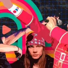 Ikonen der Rockbands der 80er: Freddie Mercury, Axl Rose und ein weiterer Musiker in dynamischer Pose vor einem bunten Retro-Hintergrund.