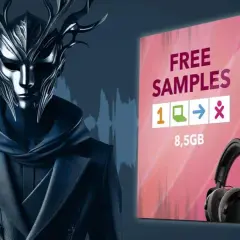 Ein mysteriöser Charakter mit Geweih-Maske und Kopfhörer neben einer Box mit "FREE SAMPLES" und 8,5 GB.