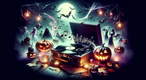 Gruselige Halloween-Musik erklingt aus einem alten Plattenspieler, umgeben von Kürbissen, Geistern und tanzenden Gestalten unter dem Vollmond.