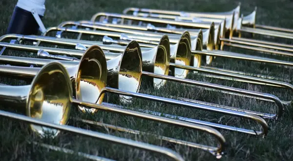 Eine Reihe glänzender Posaunen liegt im Gras. Die Instrumente warten auf ihren Einsatz, vielleicht für ein Konzert oder eine Parade.