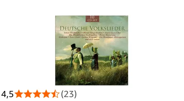 Cover einer 10-CD-Box mit dem Titel "Deutsche Volkslieder". Darauf eine romantische Landschaft mit Figuren.