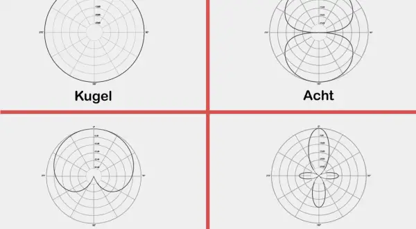 Diagramme zeigen verschiedene Richtcharakteristiken von Mikrofonen: Kugel, Acht, Niere und Shotgun.