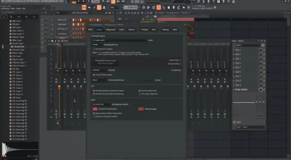 Das Bild zeigt eine Musikproduktionssoftware, in der man Instrumente und Effekte wie MIDI-Spuren und den Fruity Limiter einstellen kann.
