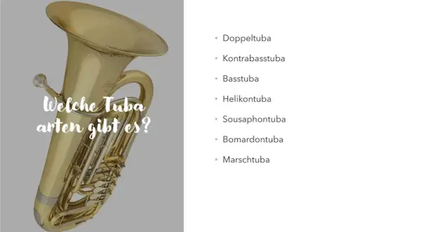 Eine glänzende Tuba steht im Vordergrund, daneben eine Liste verschiedener Tuba-Arten wie Kontrabasstuba und Marschtuba.
