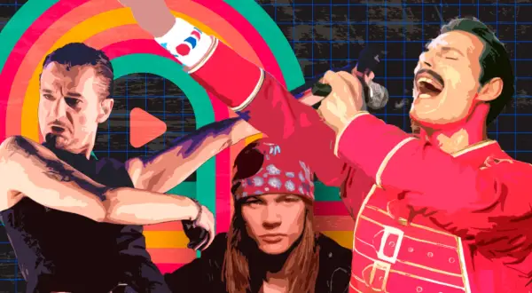 Ikonen der Rockbands der 80er: Freddie Mercury, Axl Rose und ein weiterer Musiker in dynamischer Pose vor einem bunten Retro-Hintergrund.