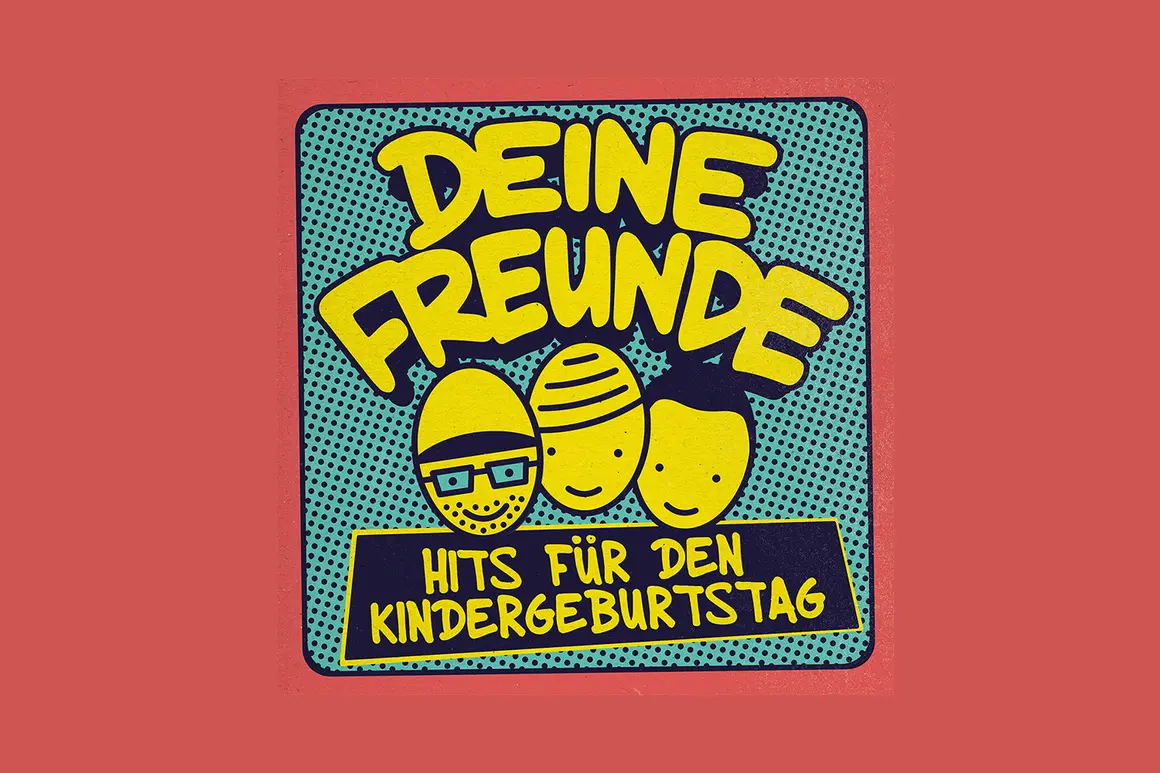 Bunte Illustration mit drei gelben Gesichtern und dem Text "DEINE FREUNDE HITS FÜR DEN KINDERGEBURTSTAG". Perfekt für Geburtstagslieder Kinder!
