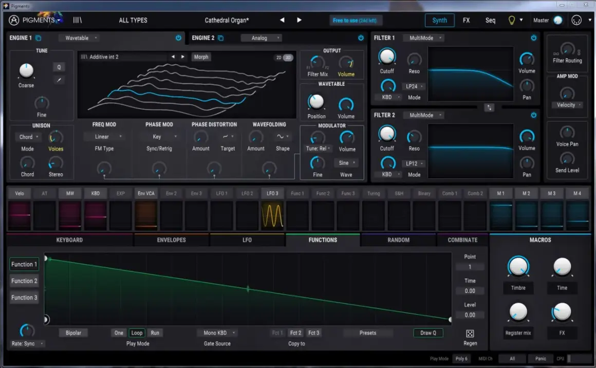 Das Pigments VST-Plugin zeigt eine komplexe Synthesizer-Oberfläche mit vielen Reglern und Wellenformen zur Klangerzeugung.