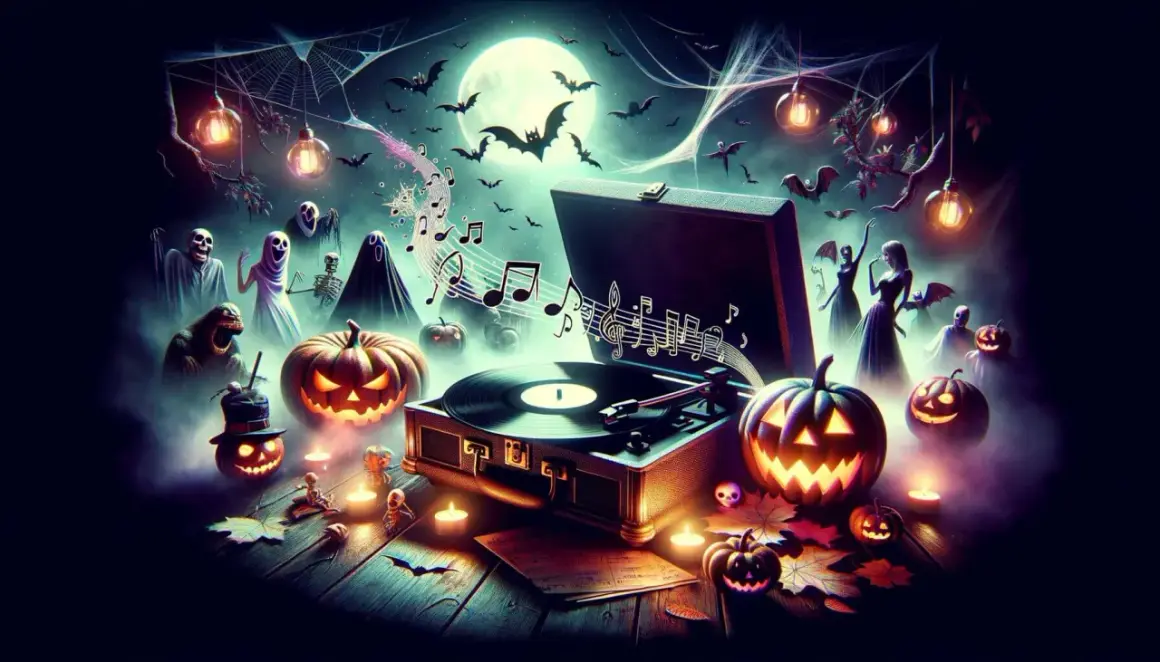 Gruselige Halloween-Musik erklingt aus einem alten Plattenspieler, umgeben von Kürbissen, Geistern und tanzenden Gestalten unter dem Vollmond.