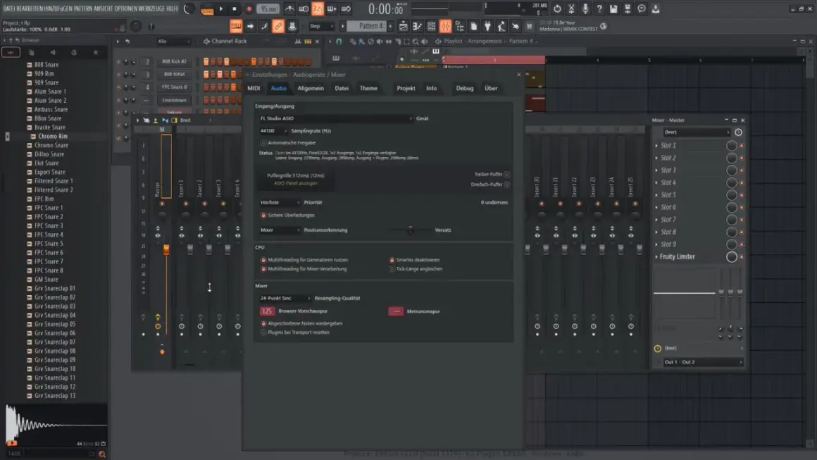 Das Bild zeigt eine Musikproduktionssoftware, in der man Instrumente und Effekte wie MIDI-Spuren und den Fruity Limiter einstellen kann.