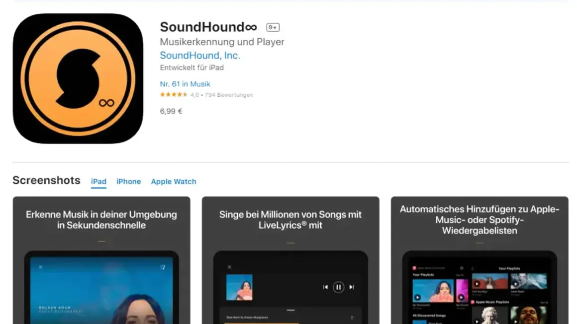 SoundHound: Musik erkennen und abspielen. Die App hilft dir, Songs in Sekunden zu identifizieren und bietet Live-Texte.