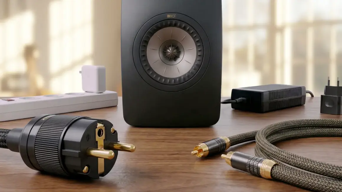 Ein schwarzer KEF-Lautsprecher steht auf einem Holztisch. Kabel und Stecker liegen daneben. Der lautsprecher brummt ohne signal.