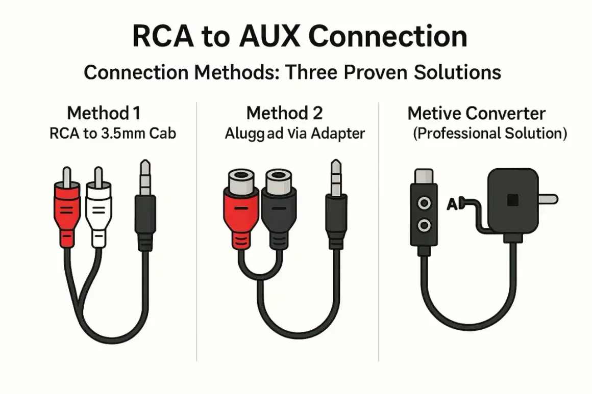 Drei Methoden zur Verbindung von RCA mit AUX: Kabel, Adapter und ein Konverter für den aux out anschluss.