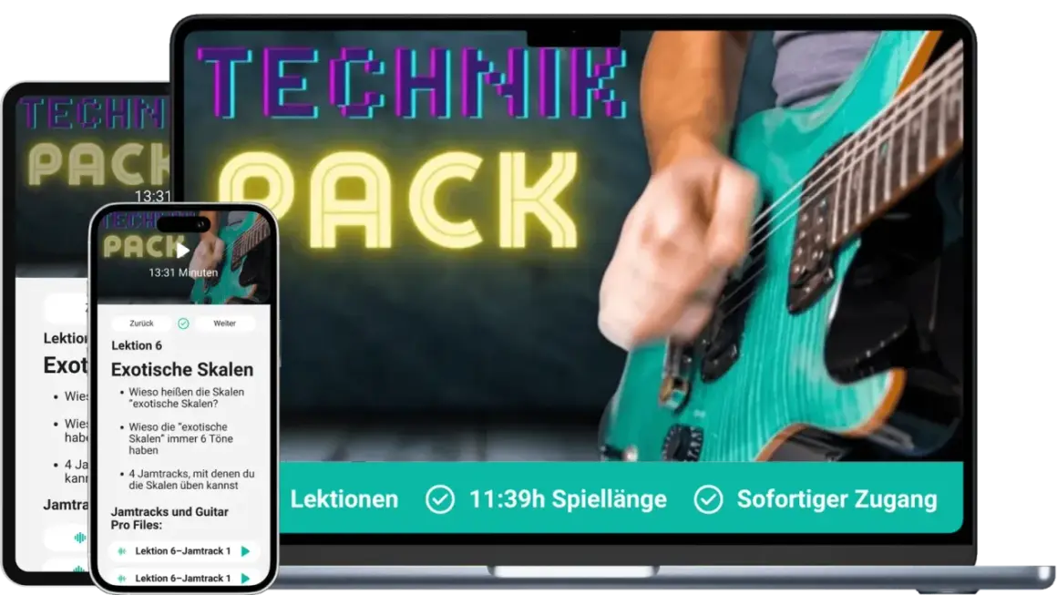 Ein Mann spielt Gitarre, während auf einem Laptop und Handy "Technik Pack" leuchtet. Lerne exotische Skalen und übe mit Jamtracks. Hammer on!