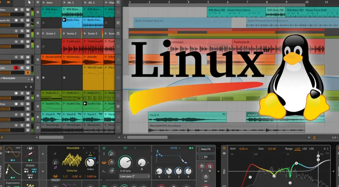 Linux-DAW-Software mit Tux, dem Pinguin, auf einer bunten Musikproduktions-Oberfläche.